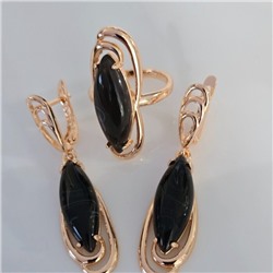 Комплект ювелирной бижутерии коллекция "Дубай" серьги и кольцо 19 р, покрытие позолота, вставка: искусственный камень черного цвета, арт.314.796-19