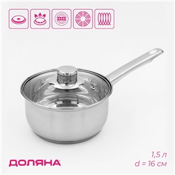 Ковш Доляна «Сильве», 1.5 л, d=16 см, с крышкой, металлическая ручка, индукция, нержавеющая сталь