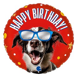 Шар (18''/46 см) Круг, Happy Birthday (классный пес в очках), Красный, 1 шт.