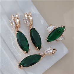Комплект ювелирной бижутерии коллекция "Дубай" серьги, кулон и кольцо 19 р, покрытие позолота, вставка: стекло и фианиты, цвет: изумрудный и прозрачный, арт.414.249-19