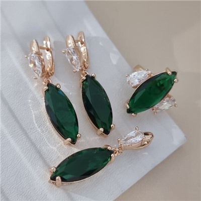 Комплект ювелирной бижутерии коллекция "Дубай" серьги, кулон и кольцо 20 р, покрытие позолота, вставка: стекло и фианиты, цвет: изумрудный и прозрачный, арт.414.249-20