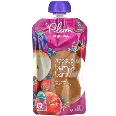 Plum Organics, органическое детское питание, этап 2, яблоко, слива, ягоды и ячмень, 99 г (3,5 унции)