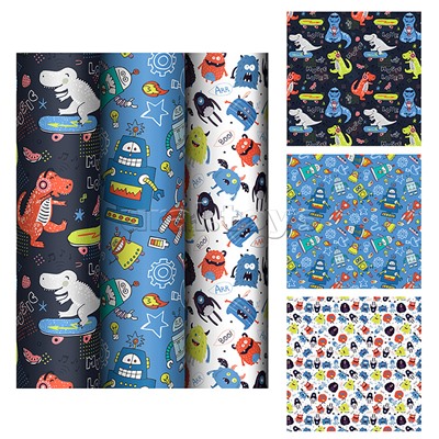 Упаковочная бумага глянц. 70*100см, "Monsters", 80 г/м2, ассорти, 3 дизайна