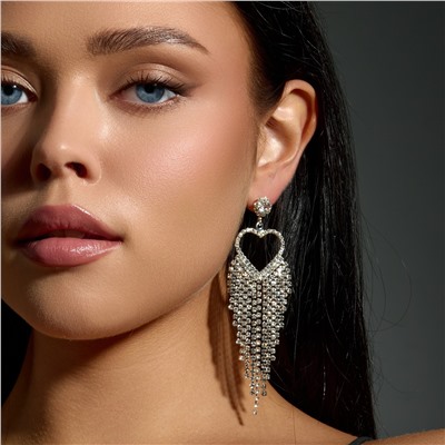 Серьги вечерние длинные сердца со стразами, цвет серебристый, арт. 006.043