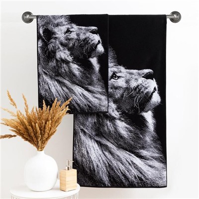Полотенце махровое Этель «Лев», 70×130 см, 100% хлопок, 420 г/м², чёрно-белое