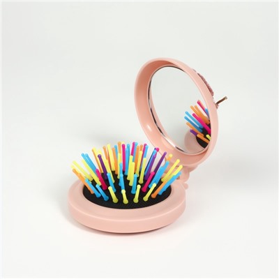 Расчёска массажная «Мягкие зверята», складная, с зеркалом, d=7.5 см, МИКС