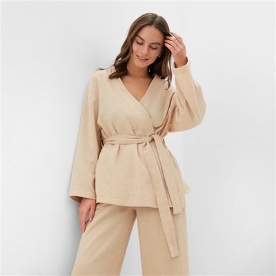 Комплект домашний женский (рубашка на запах, брюки) KAFTAN Basic, размер 40-42, бежевый