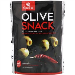 Gaea, Закуска из оливок, зеленые оливки без косточек, маринованные чили и черным перцем, 2,3 унции (65 г)