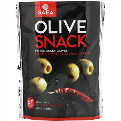 Gaea, Закуска из оливок, зеленые оливки без косточек, маринованные чили и черным перцем, 2,3 унции (65 г)