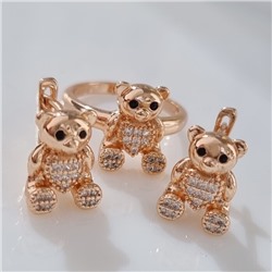 Комплект ювелирная бижутерия коллекция "Дубай" в форме мишки серьги и кольцо 17 р, покрытие: позолота, вставка: цирконы, цвет: прозрачный, арт.213.809-17