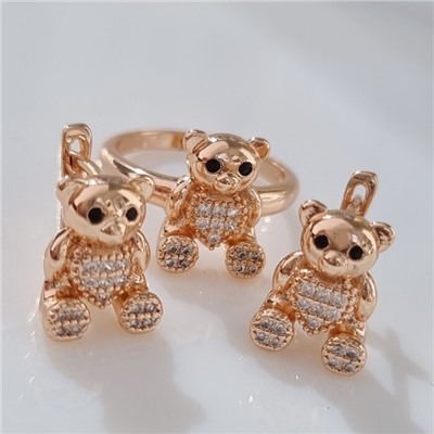 Комплект ювелирная бижутерия коллекция "Дубай" в форме мишки серьги и кольцо 17 р, покрытие: позолота, вставка: цирконы, цвет: прозрачный, арт.213.809-17
