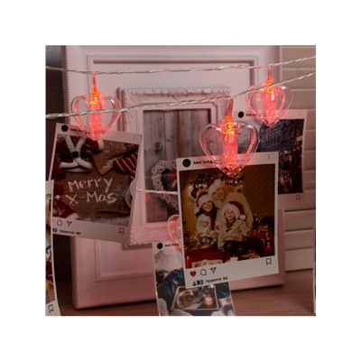 Гирлянда «Нить» 4.5 м с насадками «Прищепки-сердце», IP20, прозрачная нить, 20 LED, свечение красное, 220 В