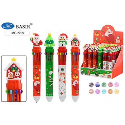 Ручка шариковая автоматическая 10-ти цветная "НОВОГОДНИЕ" МС-7709 Basir