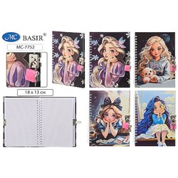 Блокнот на спирали с замочком 180х130 мм 48л клетка "ДЕВОЧКА" МС-7752 Basir