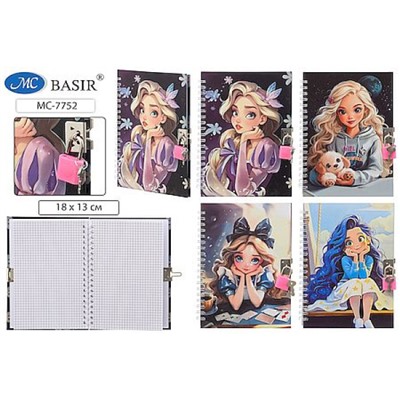 Блокнот на спирали с замочком 180х130 мм 48л клетка "ДЕВОЧКА" МС-7752 Basir