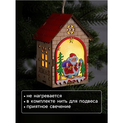 Ёлочная игрушка «Домик с Дедом Морозом», 14.5×11×8.5 см, 1 LED, от батареек, свечение тёплое белое
