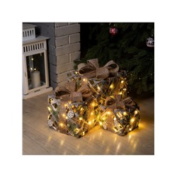 Светодиодная фигура «Подарки с еловой веткой» 15, 20, 25 см, текстиль, металл, батарейки ААх2 (не в комплекте), свечение тёплое белое