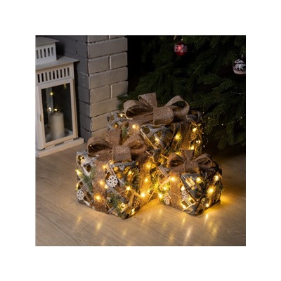 Светодиодная фигура «Подарки с еловой веткой» 15, 20, 25 см, текстиль, металл, батарейки ААх2 (не в комплекте), свечение тёплое белое