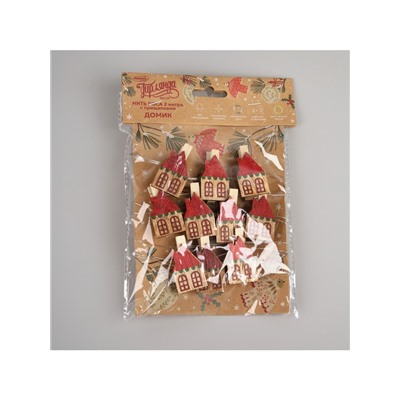 Гирлянда «Нить» 2 м роса с насадками «Прищепки-домики», IP20, серебристая нить, 20 LED, батарейки ААх2 (не в комплекте), свечение тёплое белое