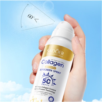 (НЕМНОГО ПОДТЕКШИЙ) Солнцезащитный спрей для лица и тела с Коллагеном SPF50 Sadoer, 150 мл.
