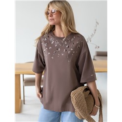 Футболка оверсайз с принтом пайетками из премиального хлопка с эластаном