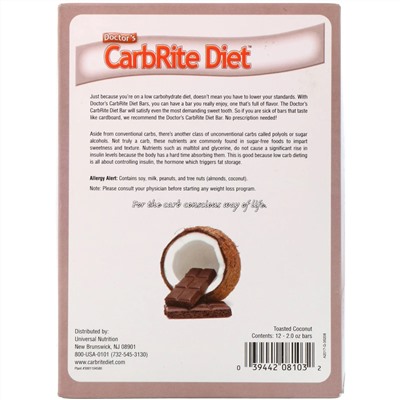 Universal Nutrition, Doctor's CarbRite Diet Bars, Toasted Coconut, 12 Bars, 2.0 oz (56.7 g) Each