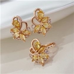 Комплект ювелирной бижутерии коллекция "Дубай" серьги и кольцо 17 р, покрытие позолота, вставка: фианиты, цвет: желтый и прозрачный, арт.215.479-17