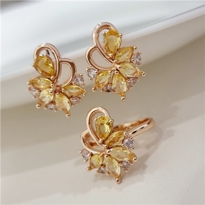 Комплект ювелирной бижутерии коллекция "Дубай" серьги и кольцо 18 р, покрытие позолота, вставка: фианиты, цвет: желтый и прозрачный, арт.215.479-18