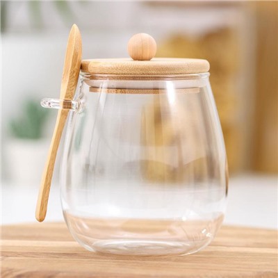 Сахарница BellaTenero «Эко» с ложкой, 650 мл, 10.5×10×13.5 см, с бамбуковой крышкой, стекло, прозрачная