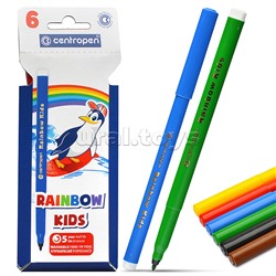 Фломастеры 06 цветов "Centropen Rainbow Kids" с трехгранным держателем (смываемые) в пластиковом пакете
