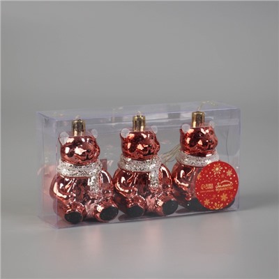 Ёлочные игрушки 3 шт. «Зимнее волшебство. Мишка колор» пластик, 9×5 см, красный