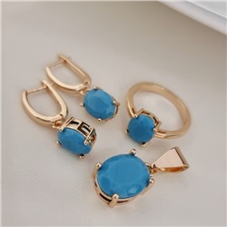Комплект ювелирной бижутерии коллекция "Дубай" серьги, кулон и кольцо 17 р, покрытие позолота, вставка: фианит, цвет: голубой матовый, арт.215.508-17