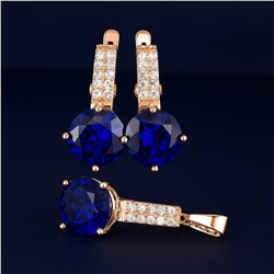 Комплект ювелирной бижутерии коллекция "Дубай" серьги и кулон, покрытие позолота, вставка: фианиты и цирконы, цвет: сапфировый и прозрачный, арт.414.004