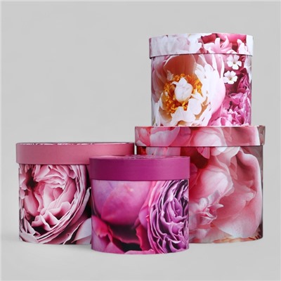 Набор шляпных коробок для цветов 4 в 1, упаковка подарочная, «Пионы», 20×17.5 - 16×14 см