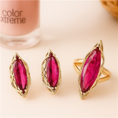 Комплект ювелирной бижутерии коллекция "Дубай" серьги и кольцо 20 р, покрытие позолота, вставка: стекло, цвет: рубиновый, арт.414.234-20