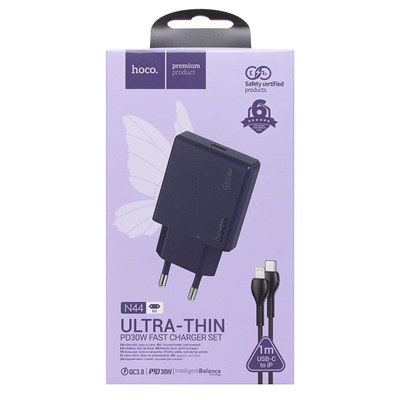 Адаптер Сетевой с кабелем Hoco N44 Bisciut PD Type-C 30W (Type-C/Lightning) (tutanium blue)