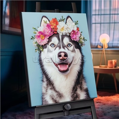 Картина по номерам 40х50 "Очаровательный хаски" с кристаллами из хрусталя (22 цвета)