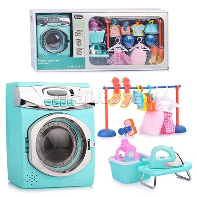 Бытовая техника "Стиральная машинка" с аксессуарами для стирки, бирюзовый, (свет, звук) в ко