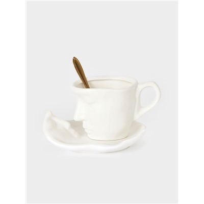 Чайная пара «Поцелуй. Лицо», 3 предмета: блюдце 14×5 см, чашка 12×9×8 см, ложка, керамика, белая