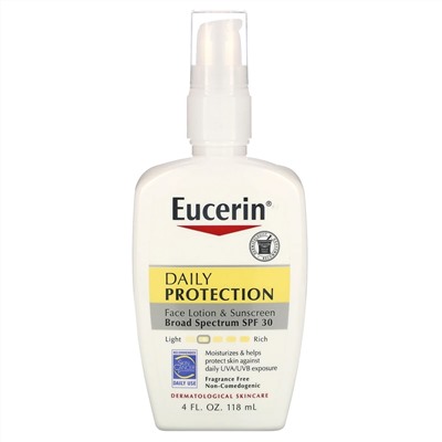 Eucerin, Увлажняющий лосьон для лица, ежедневная защита, защита от солнца SPF 30, без запаха, 4 жидкие унции (118 мл)