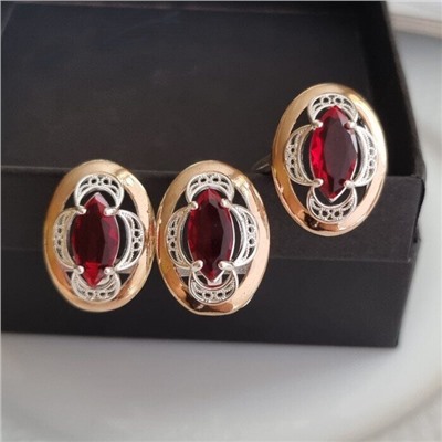 Комплект ювелирной бижутерии коллекция "Дубай",серьги и кольцо посеребрение с позолотой, вставка: камень красный, р-р 19, 09809, арт.216.376-19