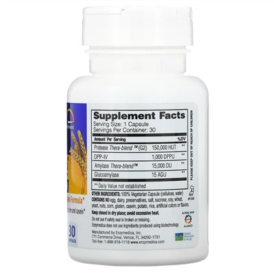 Enzymedica, GlutenEase, добавка для переваривания глютена с повышенной силой действия, 30 капсул
