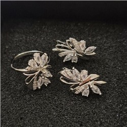 Комплект ювелирная бижутерия, серьги и кольцо посеребрение, камни цвет белый, р-р 17, 76168, арт.414.4003-17