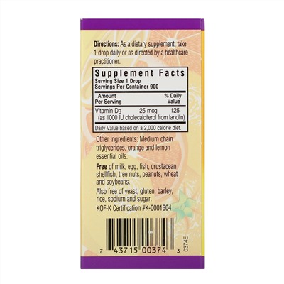 Bluebonnet Nutrition, Жидкий витамин D3, в каплях, натуральный цитрусовый вкус, 1,000 МЕ, 1 жидкая унция (30 мл)