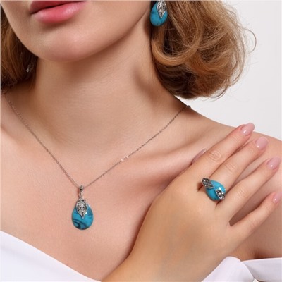 Комплект ювелирной бижутерии серьги, кулон и кольцо 19 р, покрытие: посеребрение, вставка: фианит и искусственный камень, цвет: бирюзовый и графитовый, арт.314.811-19