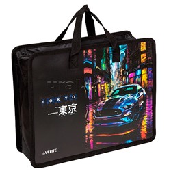 Папка для тетрадей, ИЗО и технологии "Label. Tokyo Drift" A4 (33,5x26x10 см) с текстильным расширением 10 см, на молнии сверху, пластик 400 мкм, текстильные ручки, в пластиковом пакете