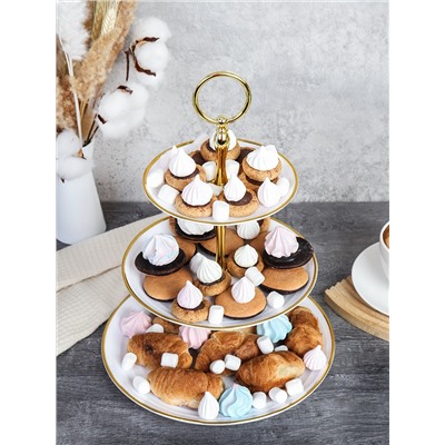 Ваза для фруктов 3-х ярусная 15/20/25 Круг белая золотой обод / D-1245 /уп 65/ Пластик