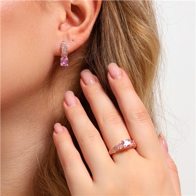 Комплект ювелирной бижутерии Дубайское золото, покрытие: позолота, серьги и кольцо 20 р, вставка: фианит, цвет: розовый, арт.314.769-20