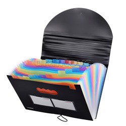 Папка-органайзер с 25-ю отделениями A4 (330x235 мм) 700 мкм, разделители 130 мкм, черная с цветными разделителями, с 2-мя наварными карманами и этикетками для надписей, с клапаном на резинке, с индексами в комплекте, индивидуальная упаковка