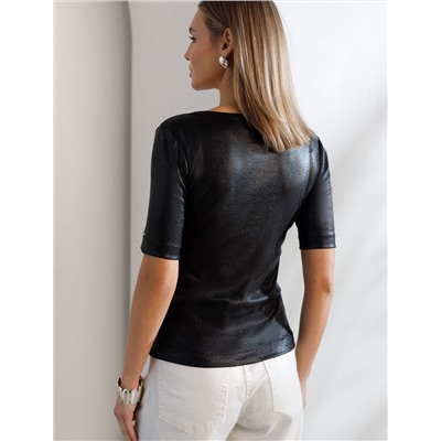 Футболка облегающая из хлопка в рубчик с U вырезом и матовым покрытием металлик